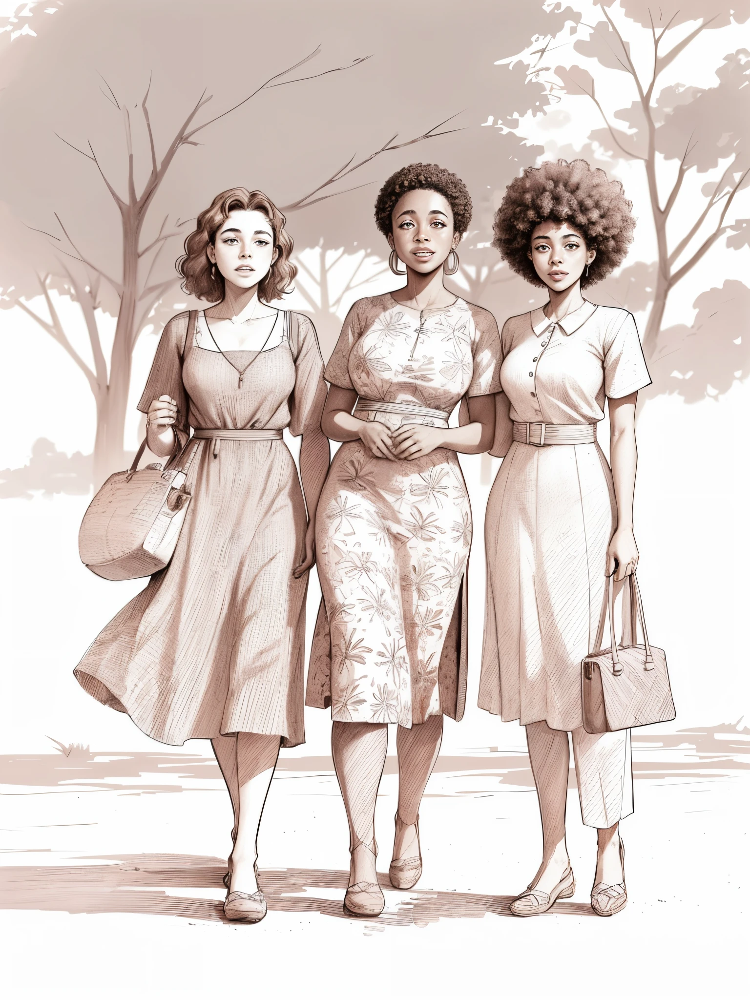 Three afro women of Jehovah's Witnesses are close to each other , Three afro women, bolsa , sketch illustration, Jehovah Fanart, , sketched, trending on artstration, Procreate Illustration, digital sketch, a sketch, digital pencil painting, Artistic illustration