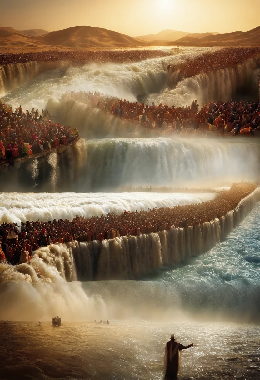 The Exodus of Moses、600,000 people々There are huge walls of water on both sides.....、.、separate water、divide water into left and right、a large crowd passes through the water