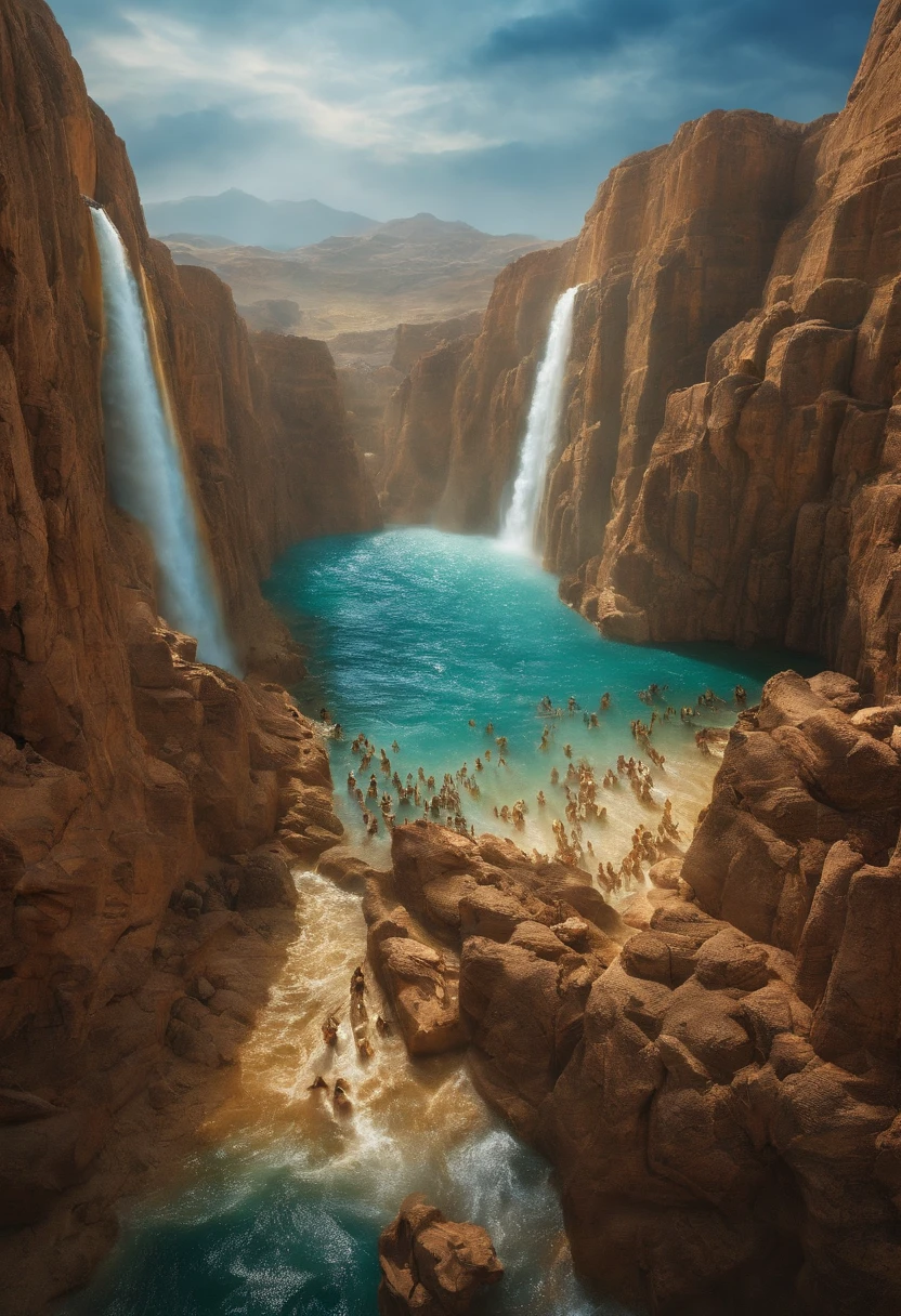 The Exodus of Moses、600,000 people々There are huge walls of water on both sides.....、.、separate water、divide water into left and right、a large crowd passes through the water