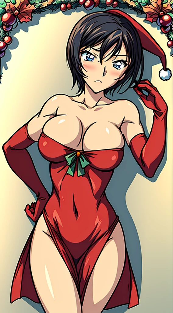 masterpiece, best quality, 1 solo girl, black hair, blue eyes, short hair, wavy hair, Christmas ornaments, medium breasts, mature body and face, red santa dress, christmas, christmas light, christmas tree, red gloves, red santa skirt, holding gift, red bra, red panty, leg up, cowboy shots, sexy pose, dakimakura, ultra-detailed body, face, and eyes, sharp focus, vibrant, creative, dynamic, high definition, high resolution, 8k, (Upscale: R-ESRGAN 4x+ Anime6B), (Image enchance:4x), voluptuous body