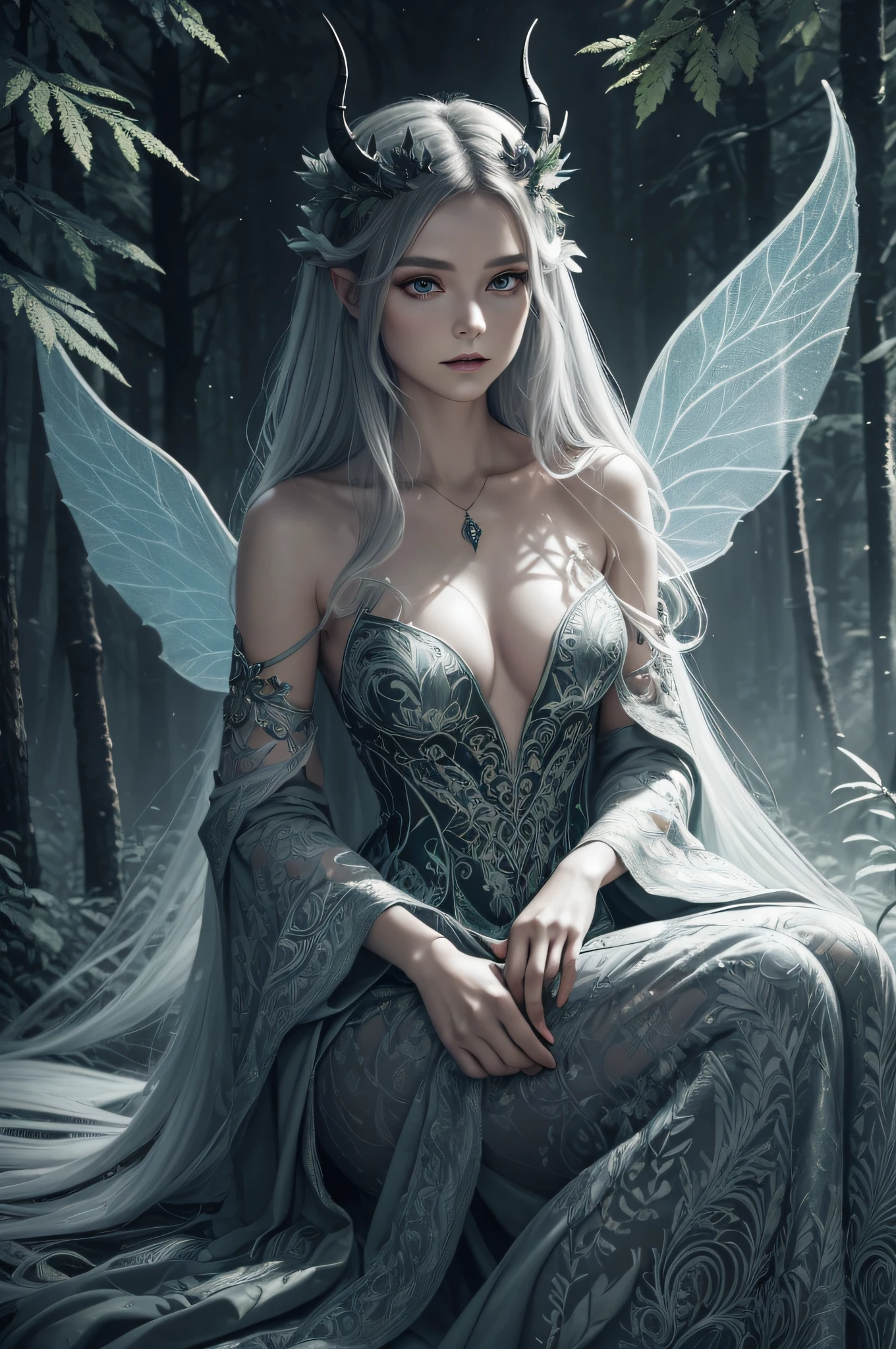stylized, full body image, princess woman of the forest with faerie wings and small curved horns sitting (sitting 1.6) in a forest clearing, torn cloak, leaf dress (masterpiece), (best quality), (ultra detailed), (absurdres), (highres), (official art:1.4), (illustration:1.4), (distinct image:1.2),(delicate illustration: 1.2), 8k,(detailed face:1.3), (highlights in eyes:1.3), (detailed hair:1.3), (detailed skin:1.3), dark, mystical scandinavian forest (misty 1.9), looming trees, dark, moody, stylized, white background with one color ink stains, art by Alternity77, drawing stroke made with Rottring 0.5mm pen, perfect drawing lines. 8k Wallpaper, highly detailed, muted colors, subtle colors, myhtic,