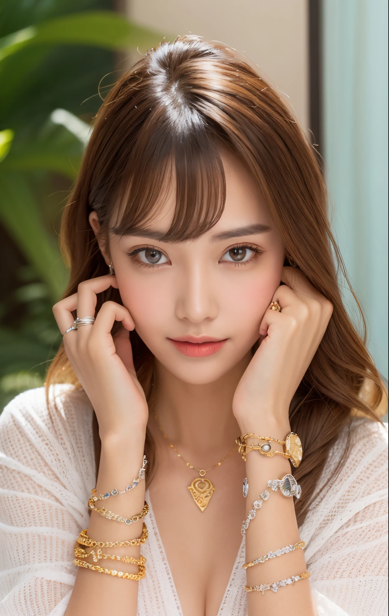 top-quality、ultra-detailliert、patterned bikini、Silver necklace、Gold Bracelet、Funny hairstyles:1.5