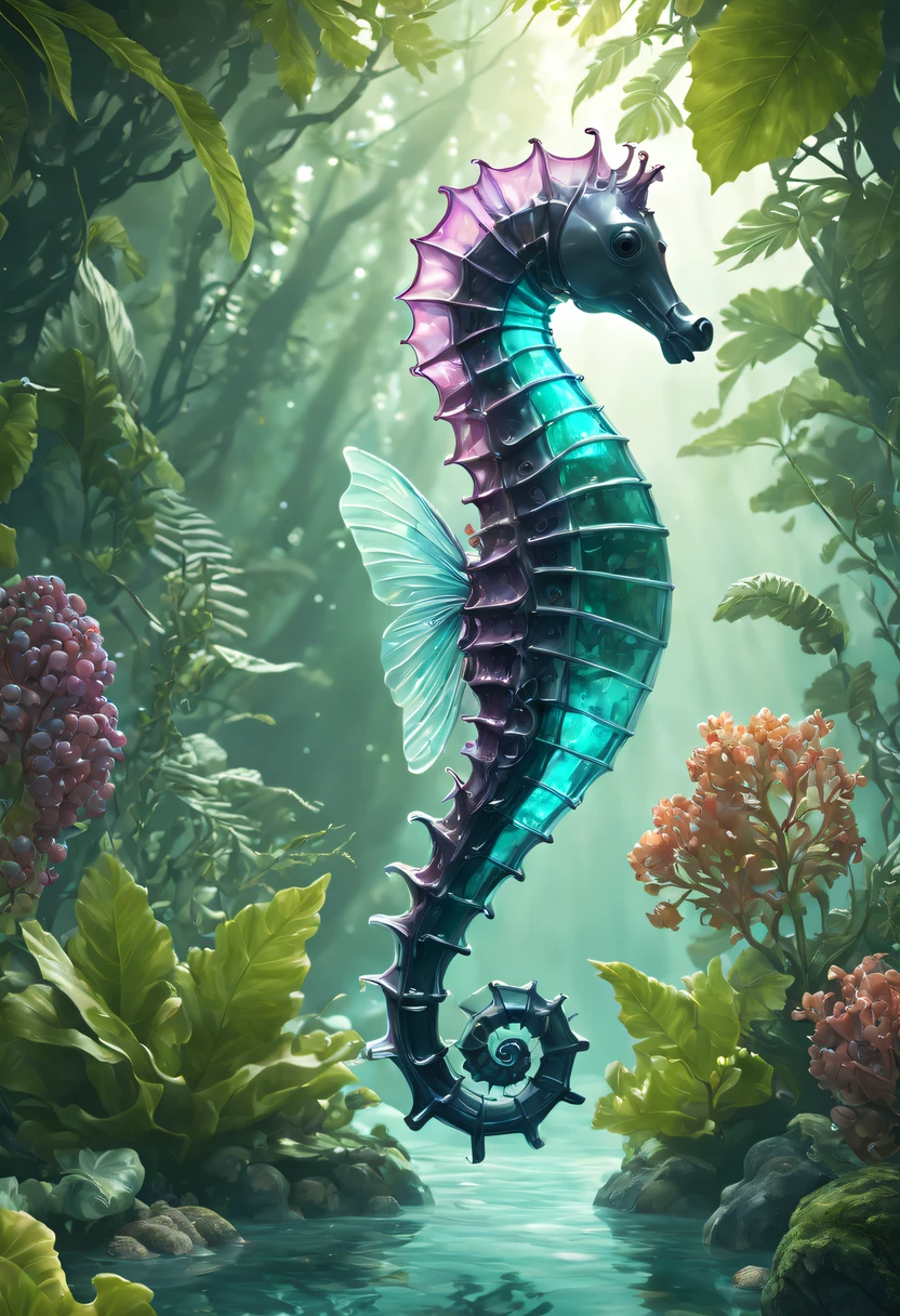 Futuristic ethereal seahorse,Sci-fi butterflies,future seahorse,sea horse,Futuristic jungle background,tmasterpiece,(Very detailed CG unified 8k wallpaper),(Best quality at best),(Best Best Illustration),(The best shadow),The background is a forest theme,With natural elements,flowers blooming,warm color palette,surrounded by exquisite leaves and branches,rays of sunshine,(nature elements),(Jungle theme),(leafs),grape trees,manatee,(exquisite leaves),(particle effect),isometric 3D,Rendered by Octane, Ray traching,ultra - detailed
