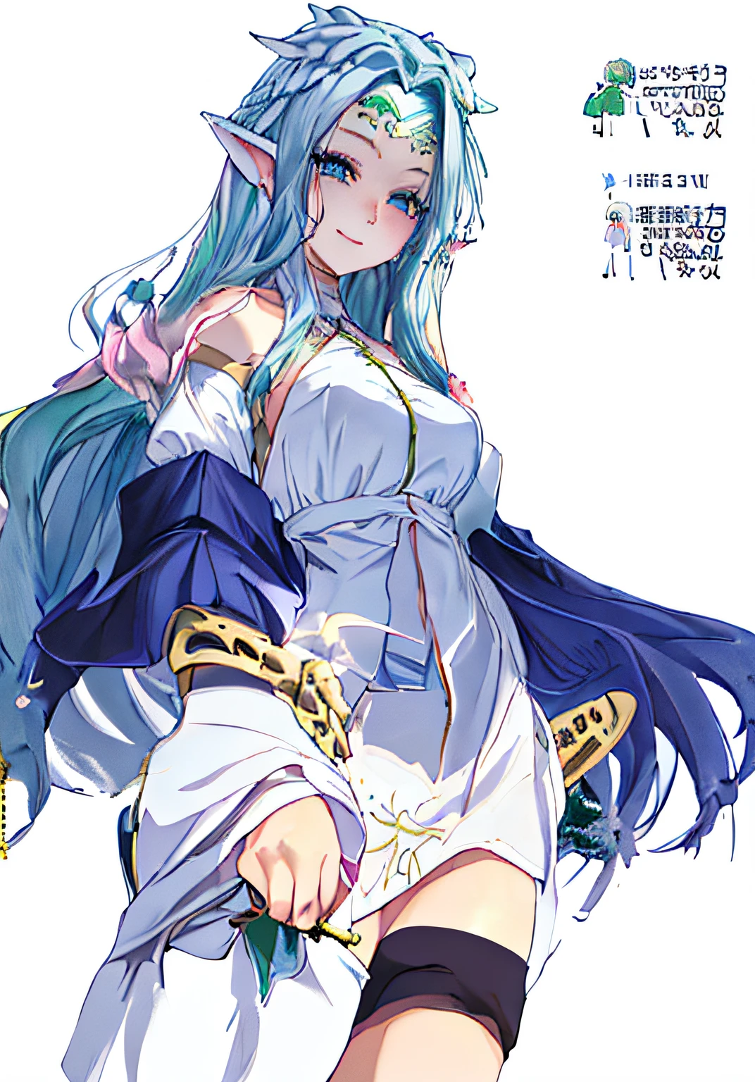 detaileds、8K、((Pastel green hair))、off shoulders、Formal white and red dress、Light blue eyes、swordsmen、Straight Long Hairstyles、ssmile、Detailed eyes、Highlights in the eyes