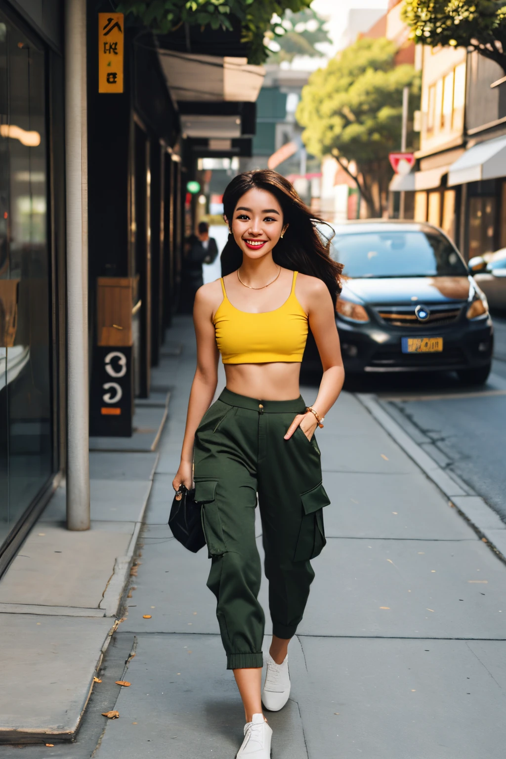 (full_body:1.2),  solo,  beautiful girl ,outdoors,  street,  city, people, wearing crop top and cargo pants, smile face, walking post,
 fat, daytime
best quality, photo realistic, high resolution,8K, super realised, details,real skin