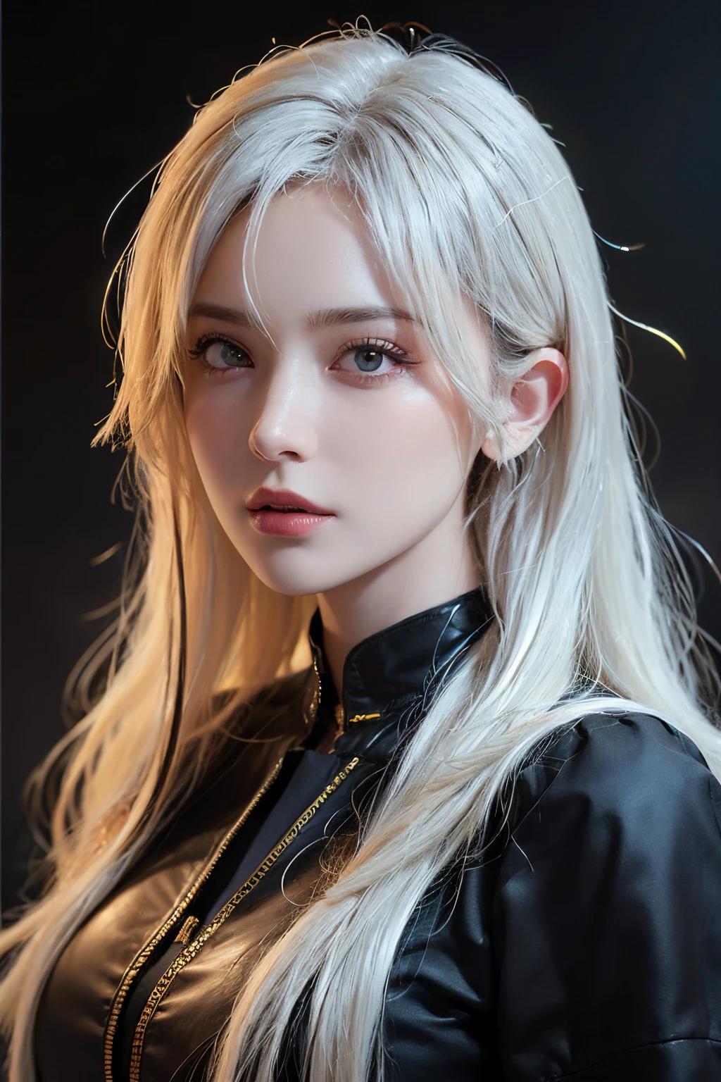 (front focus),(in the dark:1.6),
Hyperrealist portrait of female by david hockney and alphonse mucha,fantasy art, photo realistic, dynamic lighting, artstation, poster, volumetric lighting, very detailed faces, 4 k, award winning,, 1girl, in the dark, deep shadow, low key,cowboy shot,(official clothing:1.4) ,long hair,white hair,