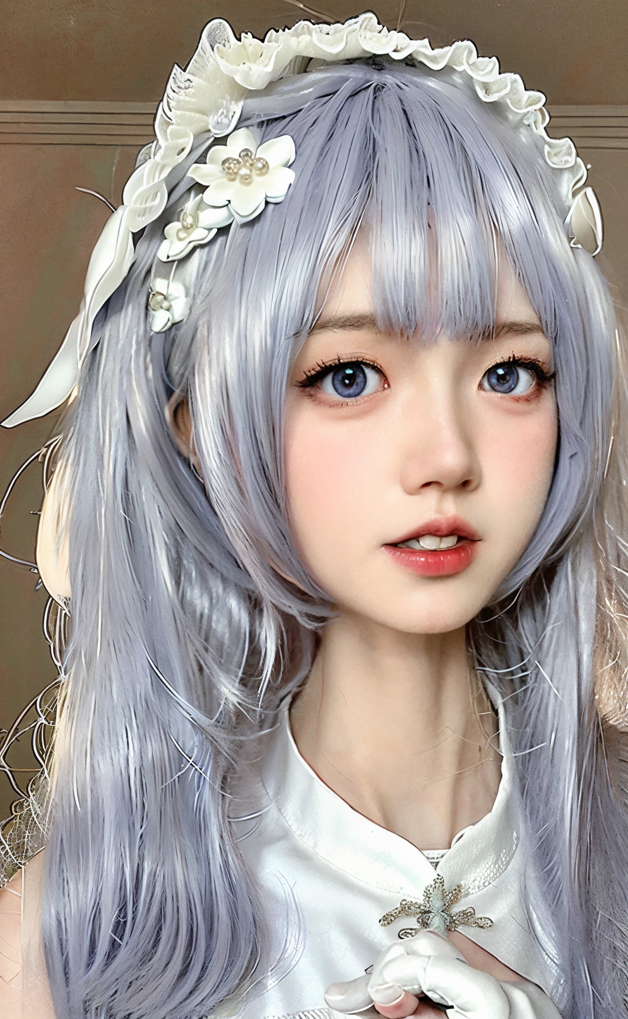 (photo realistic:1.55),(ulzzang-6500:0.65), masterpiece, best quality, detailed, blurry, depth_of_field, blurry_background, blurry_foreground, 1girl, gloves, white_gloves, dress, motion_blur, photo_\(medium\), solo, white_dress