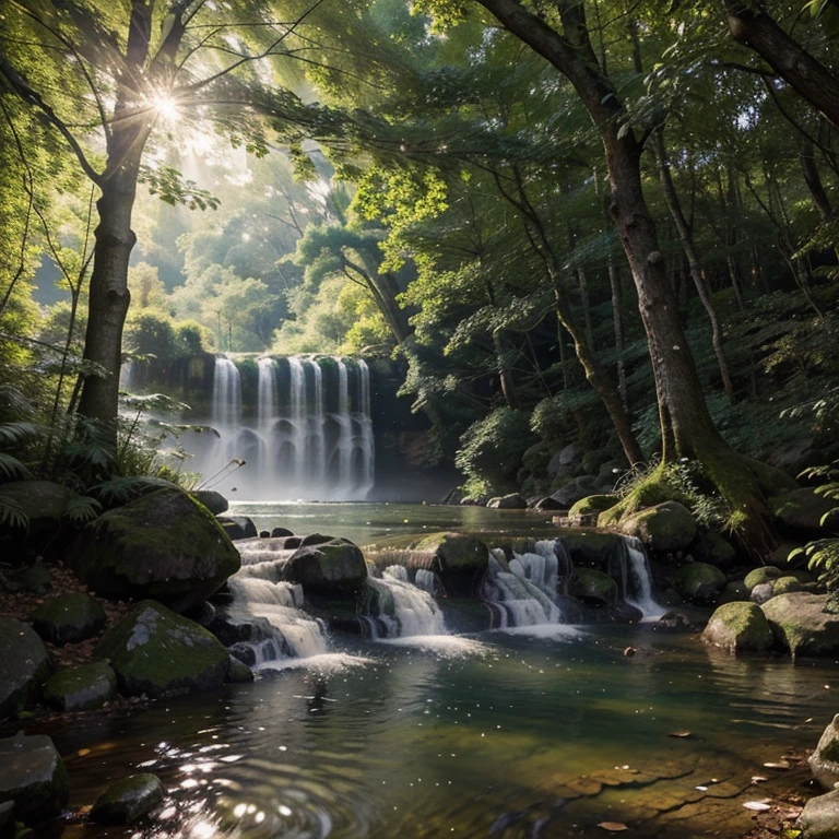 a magical forest with vibrant colors, enchanting creatures, flowing rivers, sparkling waterfalls, dreamy fog, whimsical trees, and a sense of mystery and wonder. The foliage is lush and diverse, with vibrant flowers and unique plants. (best quality,ultra-detailed,realistic), (portrait,landscape,concept artists) style with vivid and saturated colors, capturing the essence of the magical world. The lighting is soft and ethereal, casting gentle rays of sunlight filtering through the thick canopy. The scene is alive with movement and energy, as birds fly gracefully through the air and small woodland creatures go about their daily activities. The atmosphere is filled with a sense of tranquility and joy, inviting the viewer to immerse themselves in the beauty of this animi-like scene.