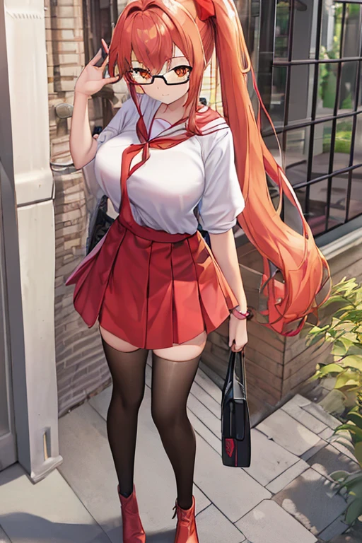 A girl with long pink hair, a side ponytail, orange eyes, big breasts, wearing casual clothes, including a white shirt, a red skirt, a hair bow, white-framed glasses, an orange scarf, wearing black thighhighs, black boots, with a bag. (best quality, full body)