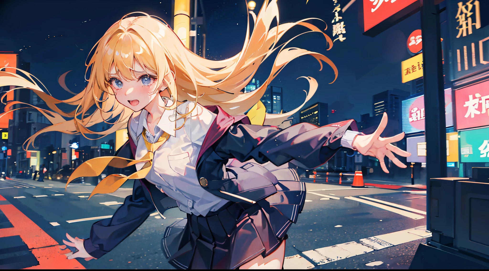 1 girl in、Blonde gal、running down the street at night、Looks like it's raining、in school uniform、Crying face