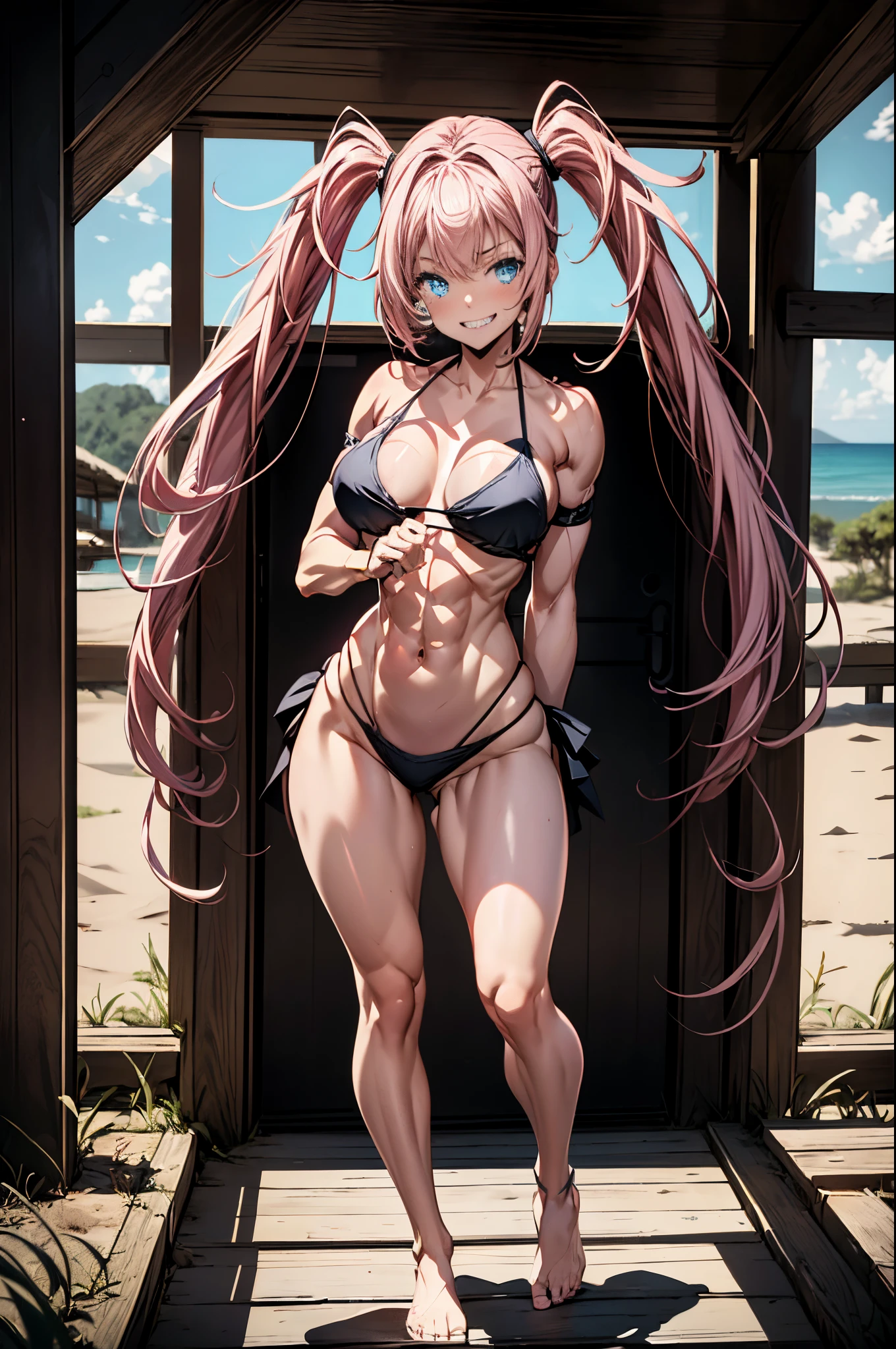 1 girl, (medium boobs))) (((big ass))), (evil smile), (showing teeth), (((wearing short bikini))), (long pink hair), (((blue eyes) ))), (on the beach at night with a starry sky and a moon full of blood), (slender), (thin waist), (butt only), legs (thin and muscular), muscular belly, bare feet, (evil gaze) , (( (full body photo))), (standing), showing ass to the audience, twintails, glowing eyes, eye reflection, bad mood, anime, anime style, ray tracing, glare, drop shadow, panorama, Sony FE, 8k, UHD, masterpiece, accurate, anatomically correct, super detail, best quality, high resolution, HD, 16k