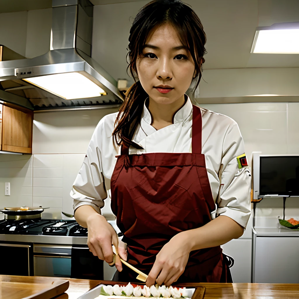 Asian Female Chef making sushi in the kitchen