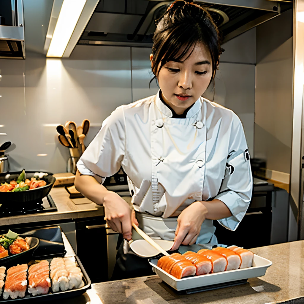 Asian Female Chef making sushi in the kitchen