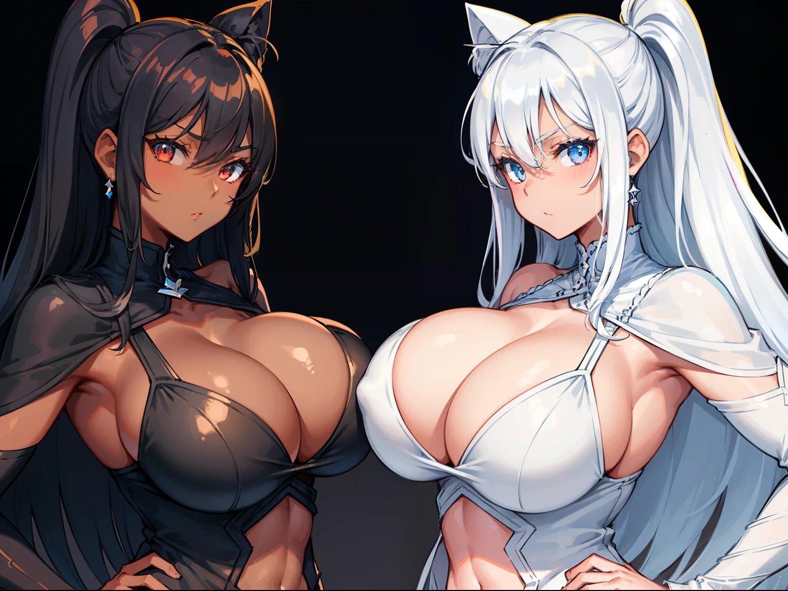 2 girls, 1 dark skinned with black hair, 1 girl white with white hair, angels, random pose, random expression, random hairstyle, big boobs, big ass