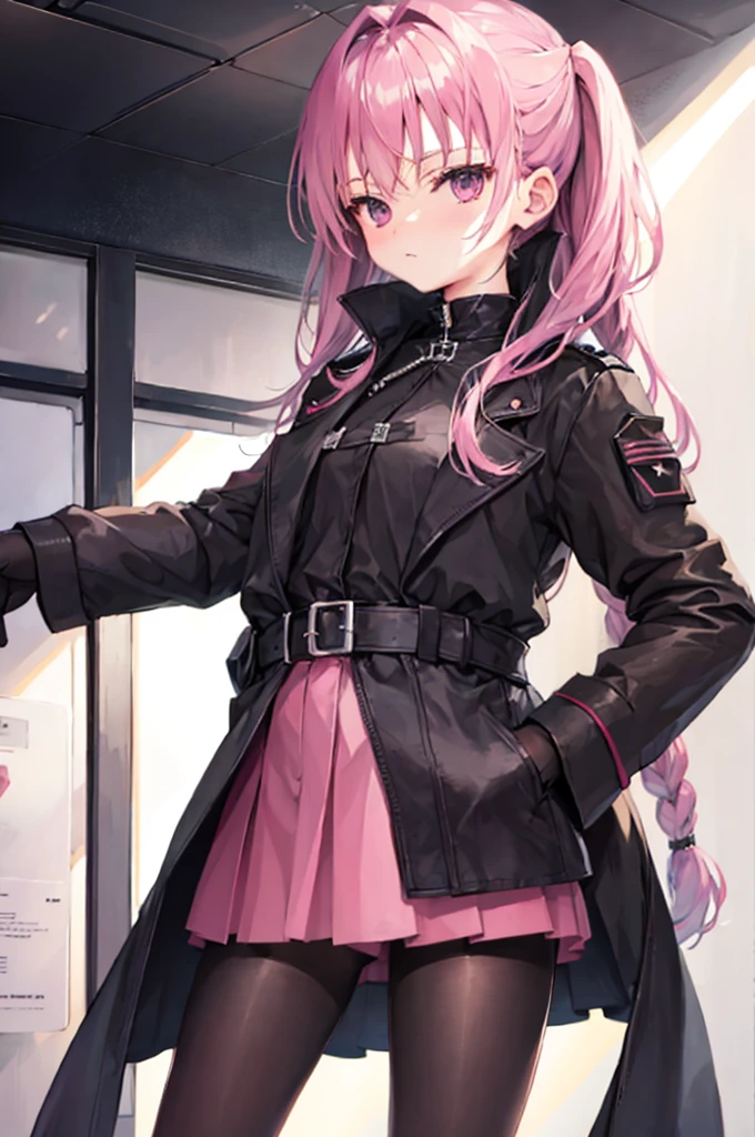 mitsukasa ayas，army suit，Manteau，short  skirt，black pantyhoses，black military boots，mitts，Place your hands behind your back，A sexy pose