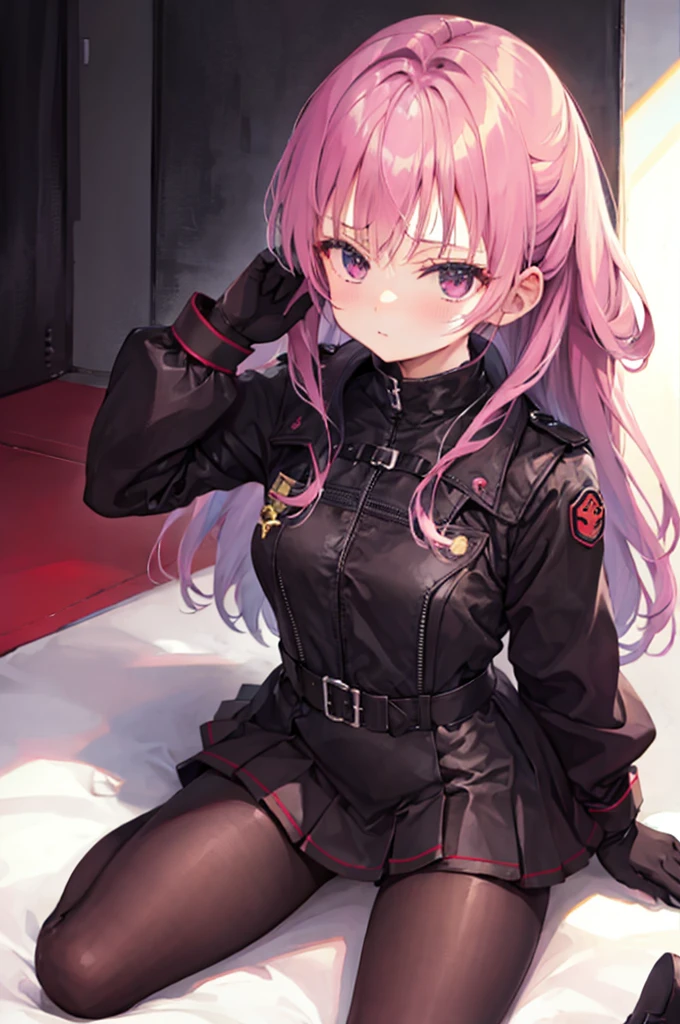 mitsukasa ayas，army suit，Manteau，short  skirt，black pantyhoses，black military boots，mitts，Place your hands behind your back，A sexy pose