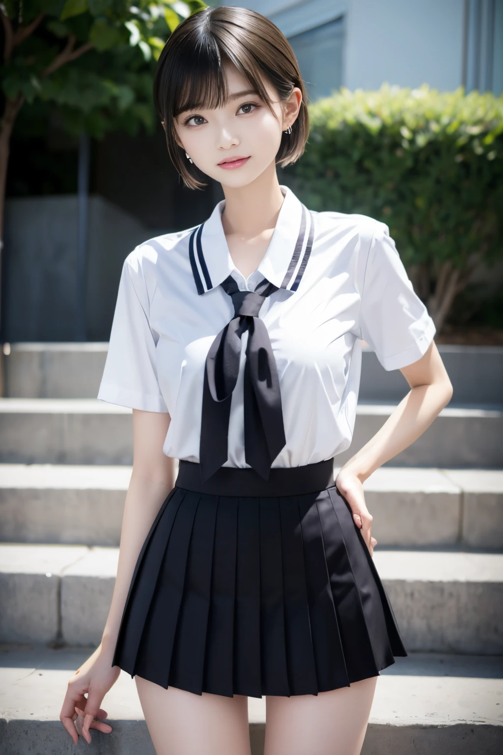 Korean school uniform, summer school uniform shirt, ribbon tie, skirt, school, school stairs, chest lifting pose, 8K RAW photo, high resolution, cool Korean at , very big round breasts, beautiful eyes in detail, long eyelashes, beautiful double eyelids, eye shadow, eyeliner, slit eyes, elongated eye shape, Sanpaku eyes, evil smile, evil look, beautiful and very thin legs, Beautiful very thin thighs, random short hair, hair tied at the back of the head, earrings, bright blonde hair