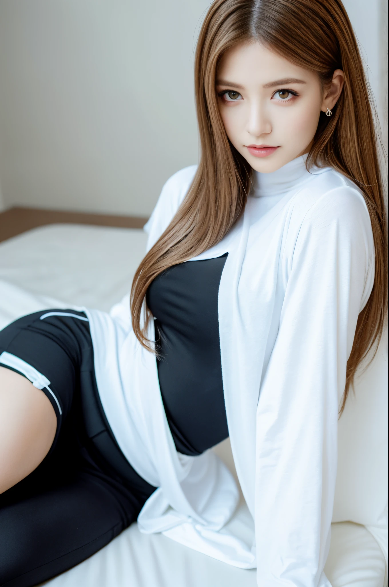 Top image quality、Raw photography、超A high resolution、An 18-year-old woman、Shooting for one person only、modelshoot、very small breasts、Long sleeve T-shirt、Black pants、Beautiful Eyes of Details、very elongated eyes、Beautiful eyelashes、Beautiful double eyelids、white walls、Beautiful waist、very slender legs、Shorthair with light brown hair、very slender physique
