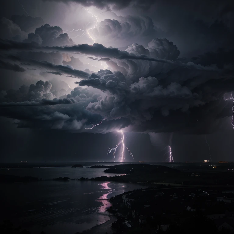 A dramatic and powerful storm, with lightning illuminating the sky and rain pouring down, painting by unknown