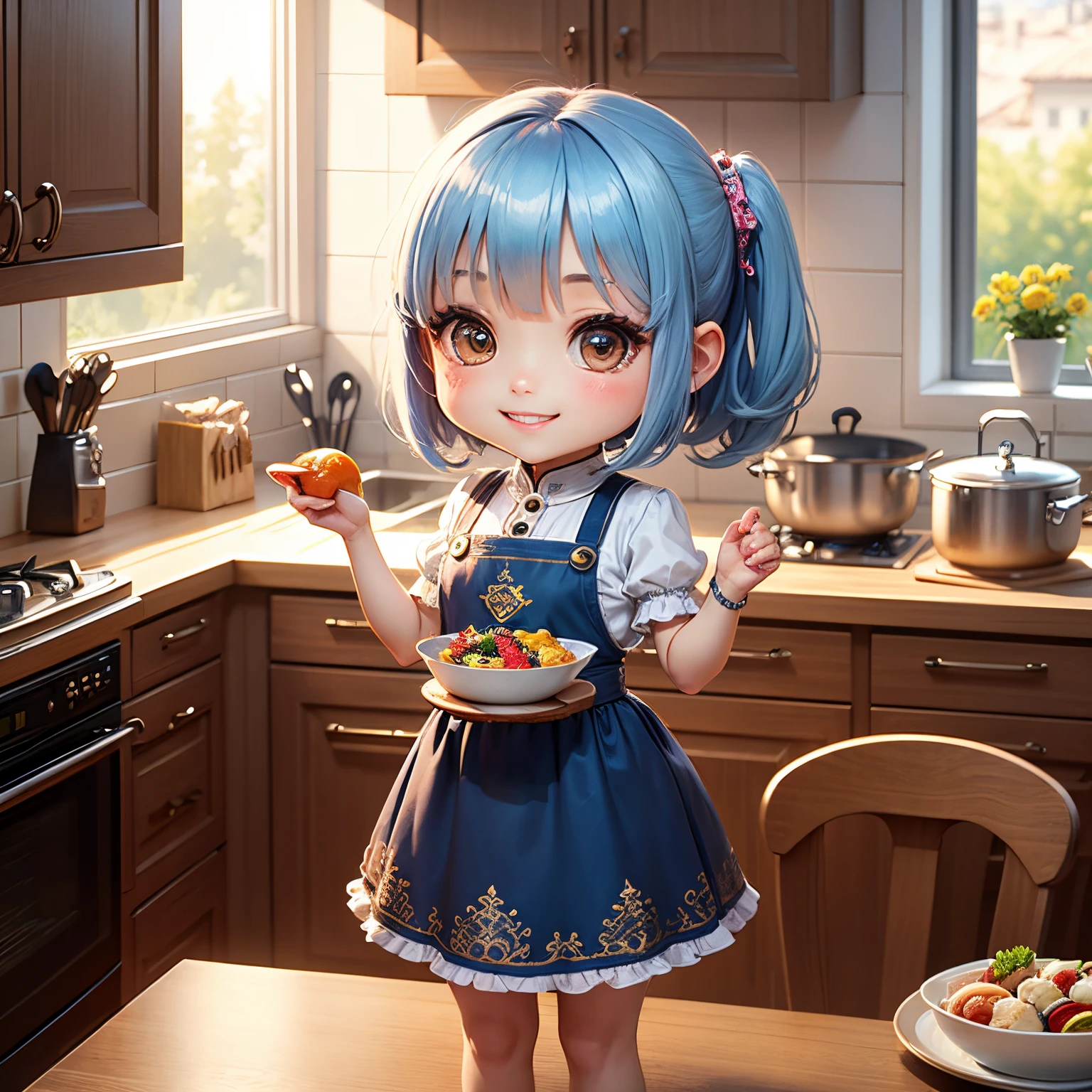 masterpiece、top-quality、ultra-detailliert、(Chibi character jasmine:1.2)、Blue Bob、Cosplay of Turkish national costume Jepken、Chibi Kitchen、kitchenware、dish、cups、A smile、
