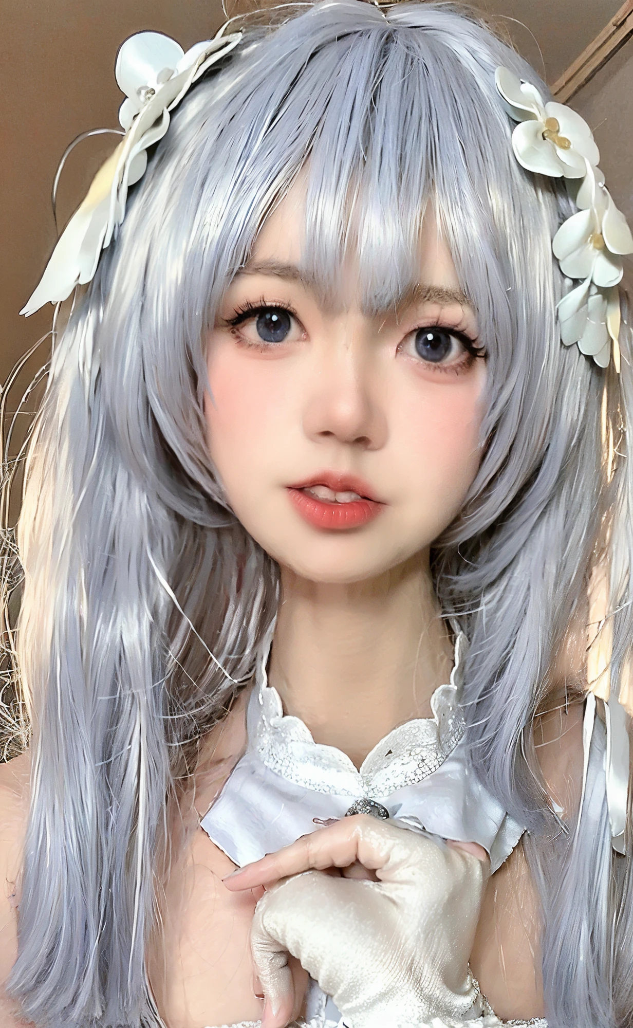 (photo realistic:1.55),(ulzzang-6500:0.65), masterpiece, best quality, detailed, blurry, depth_of_field, blurry_background, blurry_foreground, 1girl, gloves, white_gloves, dress, motion_blur, photo_\(medium\), solo, white_dress