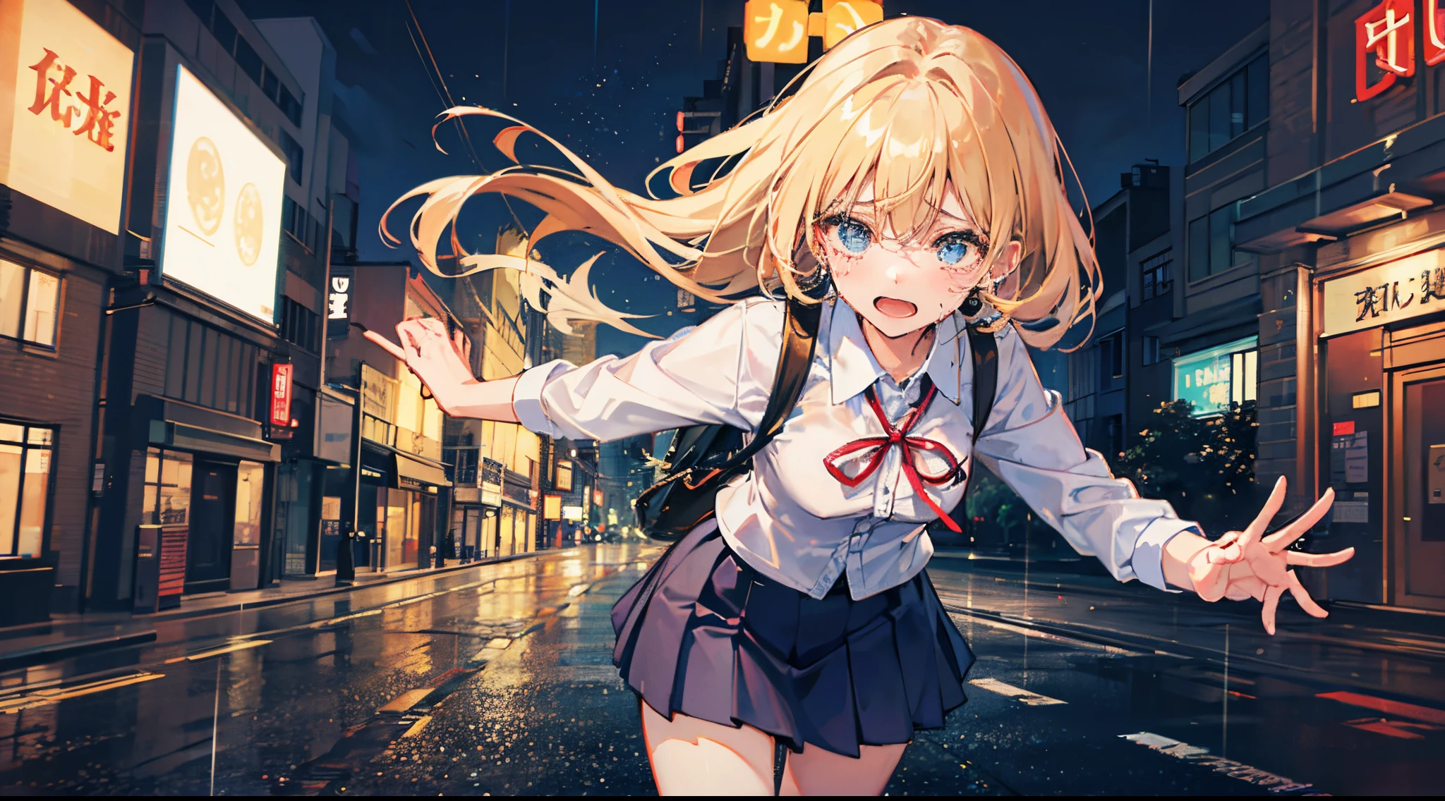1 girl in、Blonde gal、running down the street at night、Looks like it's raining、in school uniform、Crying face