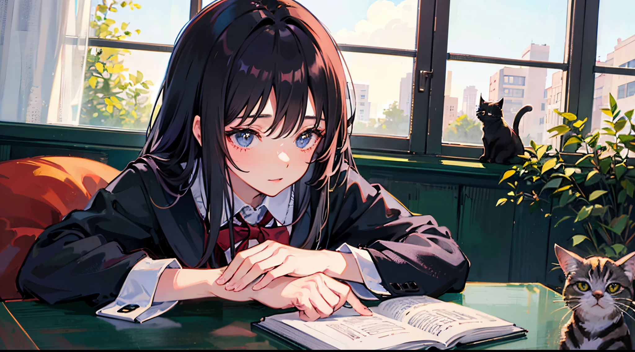 1 girl in、Studying、chiquita、face perfect、There is a cat、Long black hair