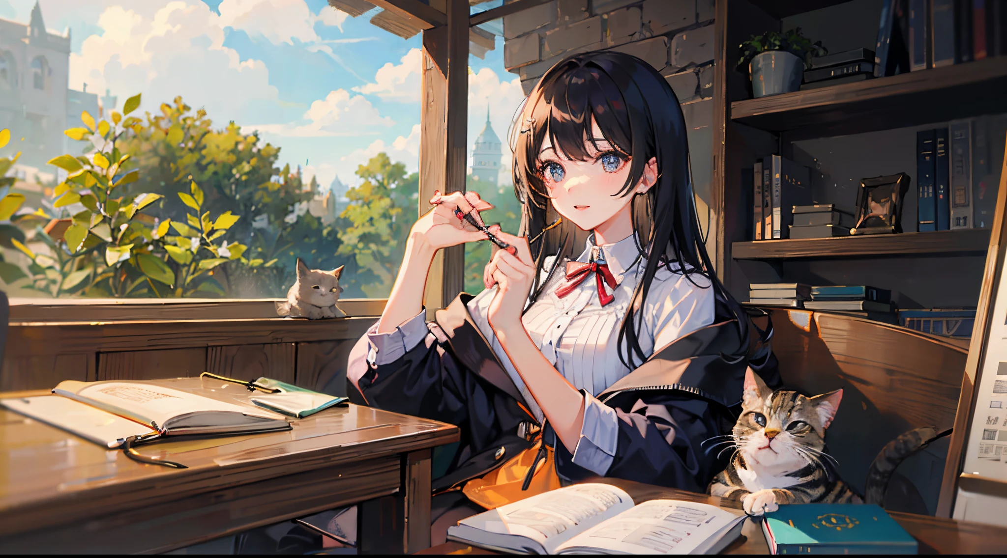 1 girl in、Studying、chiquita、face perfect、There is a cat、Long black hair