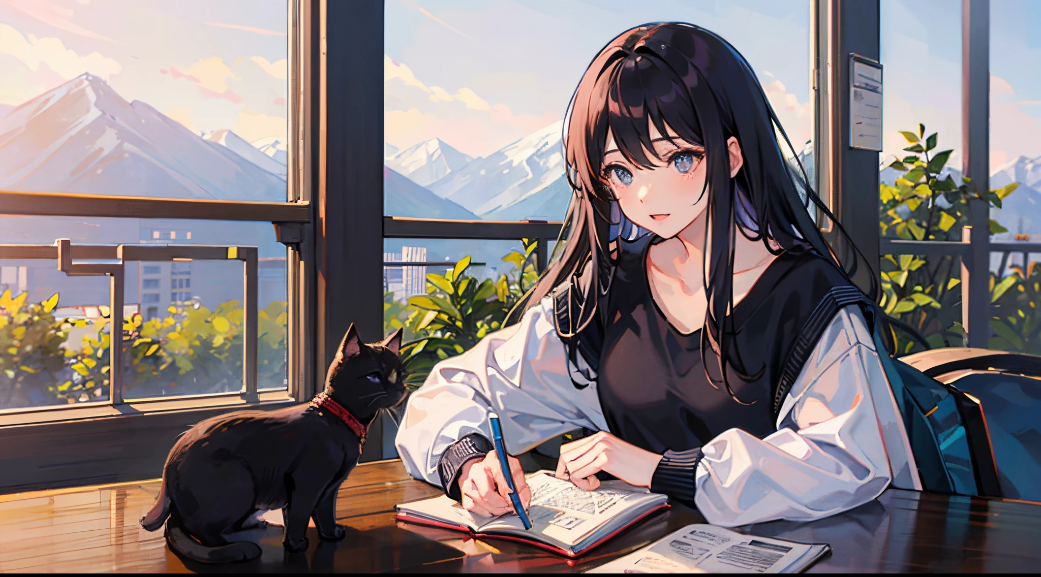 Anime girl sitting at a table with a cat and a notebook - SeaArt AI