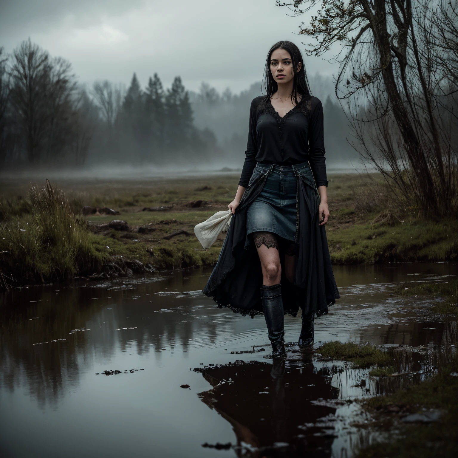 Best Quality, Ultra-detailed, Realistic:1.37, HDR, visual art, portrai, swamp, sinking, Distressed Woman, cloudy water, blurred background, Dark and moody lighting,dry humping session:1.6 Strong Emotions, lace stockings, jeans skirt,, desperate, wet clothing, Dirty hands and face, creepy ambiance, Cinematic, Dramatic colors, haunting, atmospheric, mysterious, Gloomy, Obsessively beautiful, Textured Brush, Expressive brush strokes, Reflections in water.