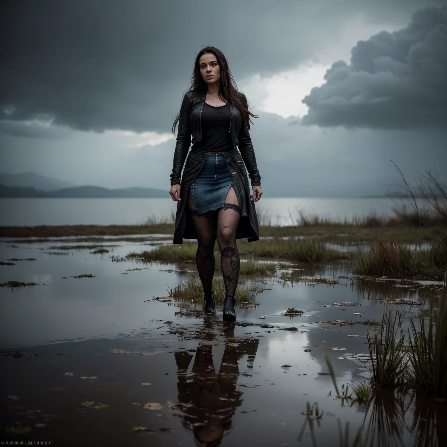 Best Quality, Ultra-detailed, Realistic:1.37, HDR, visual art, portrai, swamp, sinking, Distressed Woman, cloudy water, blurred background, Dark and moody lighting,dry humping session:1.6 Strong Emotions, lace stockings, jeans skirt,, desperate, wet clothing, Dirty hands and face, creepy ambiance, Cinematic, Dramatic colors, haunting, atmospheric, mysterious, Gloomy, Obsessively beautiful, Textured Brush, Expressive brush strokes, Reflections in water.