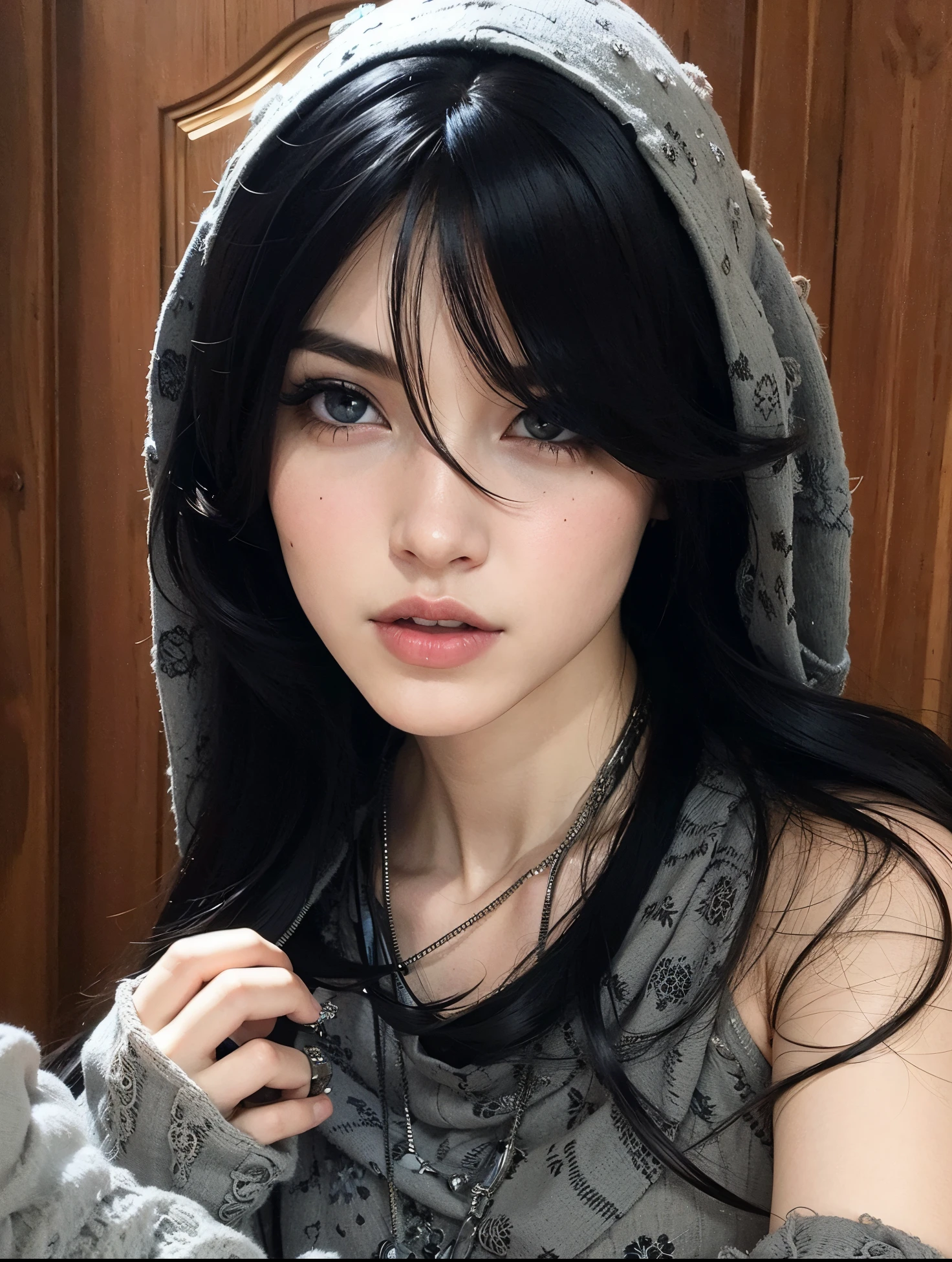 there is a woman with a hood while posing for a photo, com cabelos longos e olhos penetrantes, anime na vida real, cabelos pretos e olhos grandes, Modelo IG | Artgerm, pale goth beauty, pale-skinned persian girl, Retrato sedutor de Tifa Lockhart, Tifa Lockhart, tifa lockheart, Sakimichan Frank Franzzeta