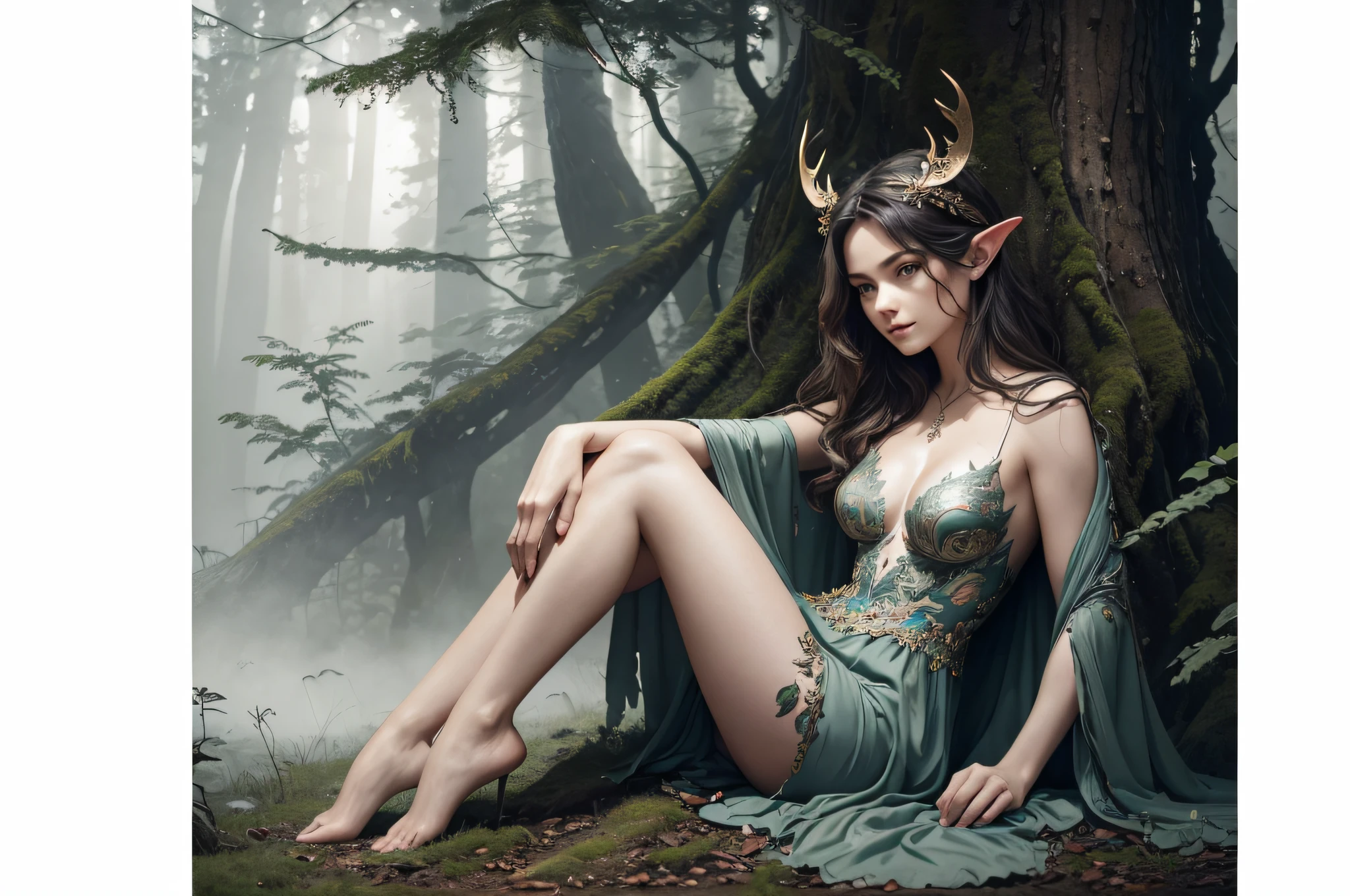 Masterpiece, photorealistic, 8k, arafed woman  sitting on a log in the woods, ethereal beauty, modeling photography, a beautiful woman in transparent dress, nature goddess, beautiful model, totally naked, natural beauty expressive pose, glamour photography, stunning elegant pose, outdoor fine photography, fantasy  photoshoot, show breast, touch tits, gorgeous woman, model photography, beautiful maiden