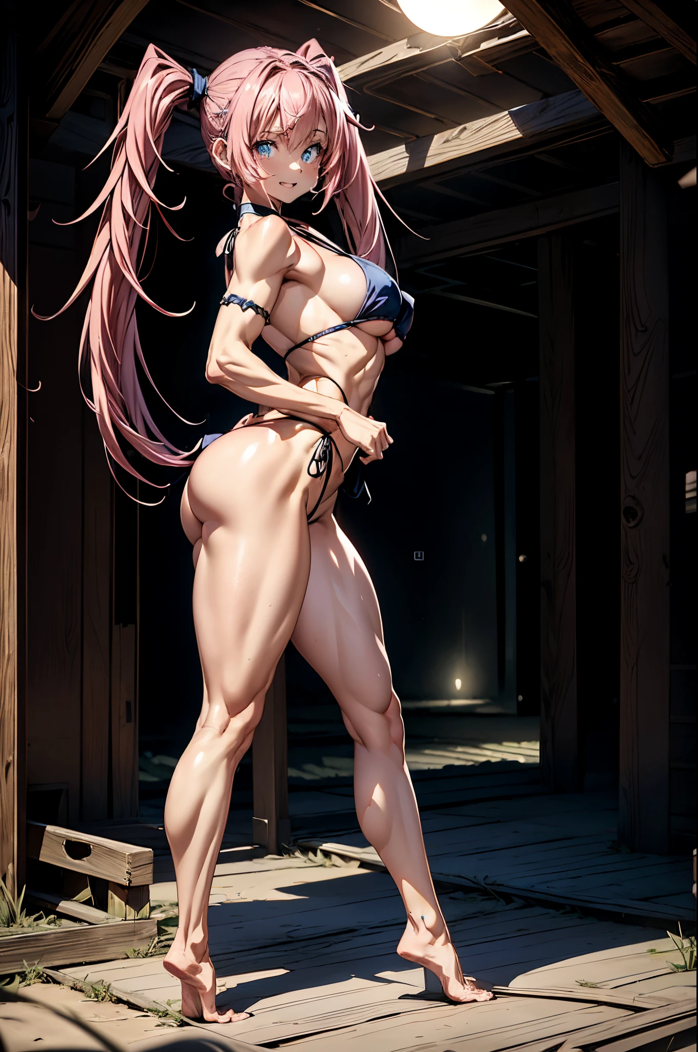 1 girl, (medium boobs))) (((big ass))), (evil smile), (showing teeth), (((wearing short bikini))), (long pink hair), (((blue eyes) ))), (on the beach at night with a starry sky and a moon full of blood), (slender), (thin waist), (butt only), legs (thin and muscular), muscular belly, bare feet, (evil gaze) , (( (full body photo))), (standing), showing ass to the audience, twintails, glowing eyes, eye reflection, bad mood, anime, anime style, ray tracing, glare, drop shadow, panorama, Sony FE, 8k, UHD, masterpiece, accurate, anatomically correct, super detail, best quality, high resolution, HD, 16k