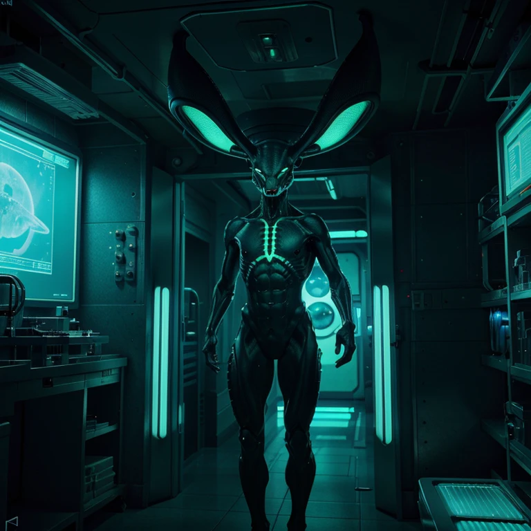 (an)extraterrestrial lab rat,illustration,sci-fi,detailed anatomy and fur,alien technology,advanced genetic experiment,laboratory setting,best quality,ultra-detailed,alien creature,dark and fluorescent lighting,scientific experiment,vivid colors,sharp focus,physically-based rendering,concept artists,blue and green color palette,futuristic atmosphere