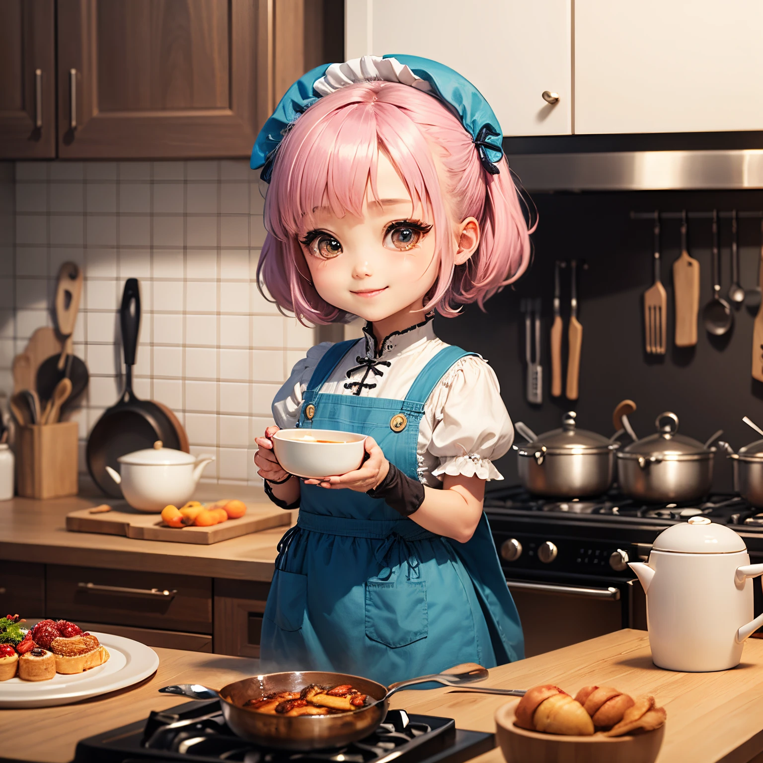 ​masterpiece、top-quality、ultra-detailliert、(Chibi Chara :1.2)、Blue Bob、Turkish national costume Jepken cosplay、Chibi Kitchen、kitchenware、dish、cups、A smile、