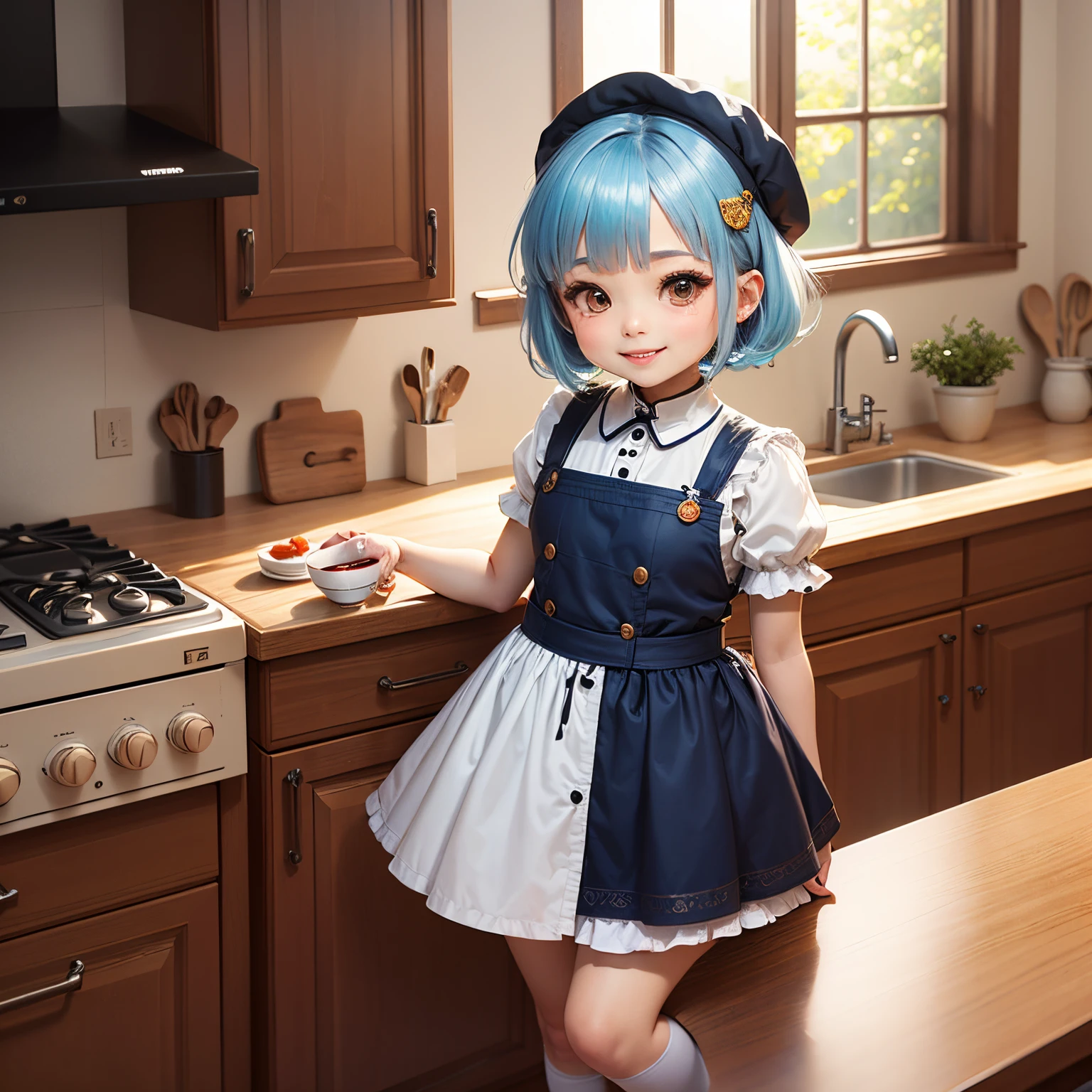 masterpiece、top-quality、ultra-detailliert、(Chibi Chara :1.2)、Blue Bob、Turkish national costume Jepken cosplay、Chibi Kitchen、kitchenware、dish、cups、A smile、