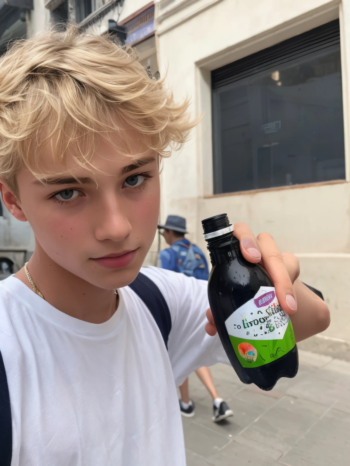 Arafed boy holding a bottle of juice on a city street.., tommy 1 6 years old, Joel Fletcher, young spanish man, by Raphaël Collin, Jugendstill, Chico rubio, taken in the early 2020s, Miles Johnstone, young blonde boy fantasy thief, Kacper Niepokolczycki, Timothee Chalamet