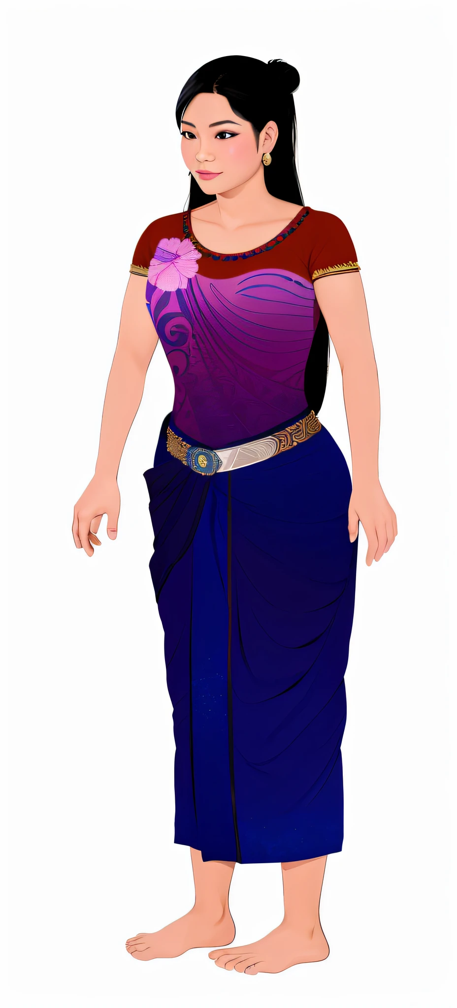 8K Ultra HD, highly detailed, super realistic, painting of a Khmer woman in a Khmer skirt and a Khmer belt, full body with Khmer costume, full body portrait, Khmer female lead character, character full body portrait, full body details, Khmer female character, full body character, full length character, full body illustration, full body character concept