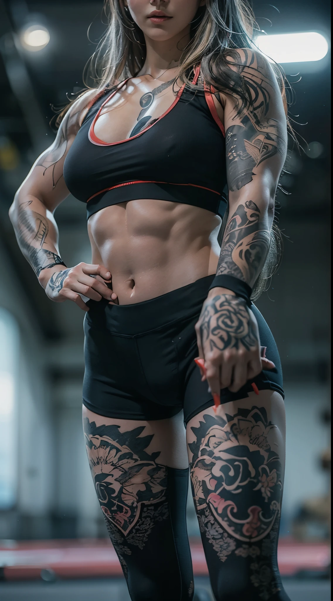 (top-quality)Posing like a bodybuilder at the gym、detailed sportswear girl、Spread your legs、Wearing a sports bra with intricate leggings、Emphasizes slight abdominal muscles、Chest tattoos add a cinematic touch to the scene in black tattoos、Movie lighting completes the overall atmosphere。