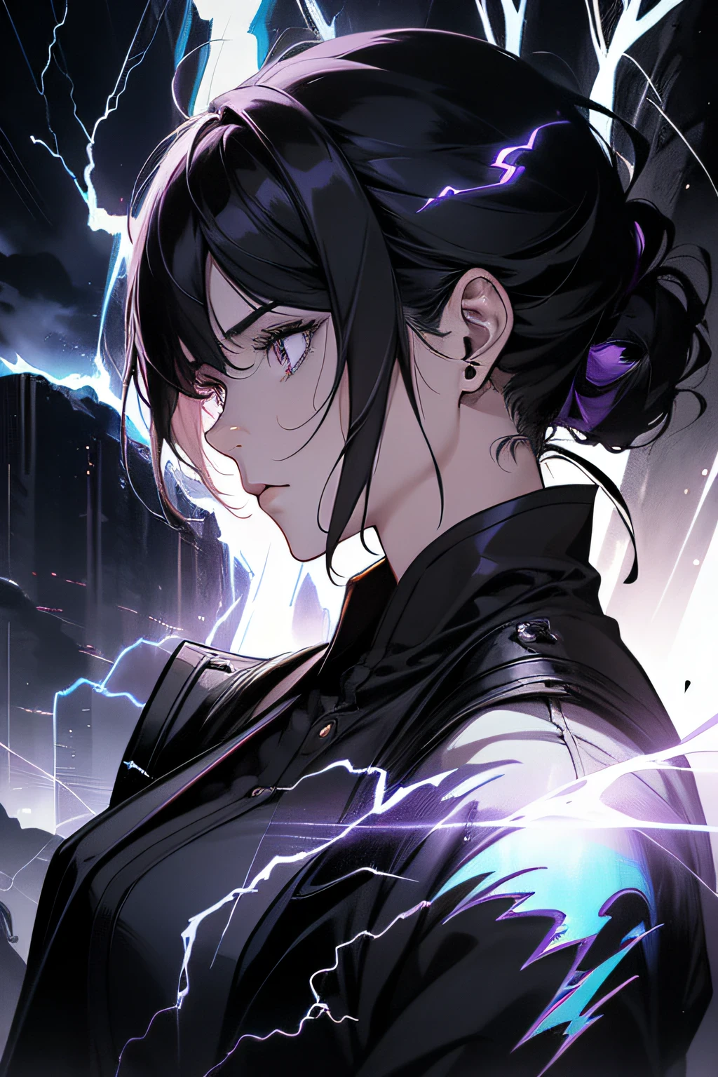 female, adult, handsome man, expressionless, 1girl, 1woman, a little close up, sideview, profile 3/4, upper body shoot, Wearing white cultivator outfit, black hair, bright purple pupils, ((specials rune pupils, lightning coming out of eyes)) ((eye power)), cold gaze, yellow lightning all around, black background , oil painting, (masterpiece), detailed, finished illustration, 3d Soft shadow and light, thunder and lightning coming out from behind, Eldritch, artstyle: wataboku, mai yoneyama, greg rutkowski and emylie boivin, 4k cover, 3d light, smooth shadow and lights, gorgeous light