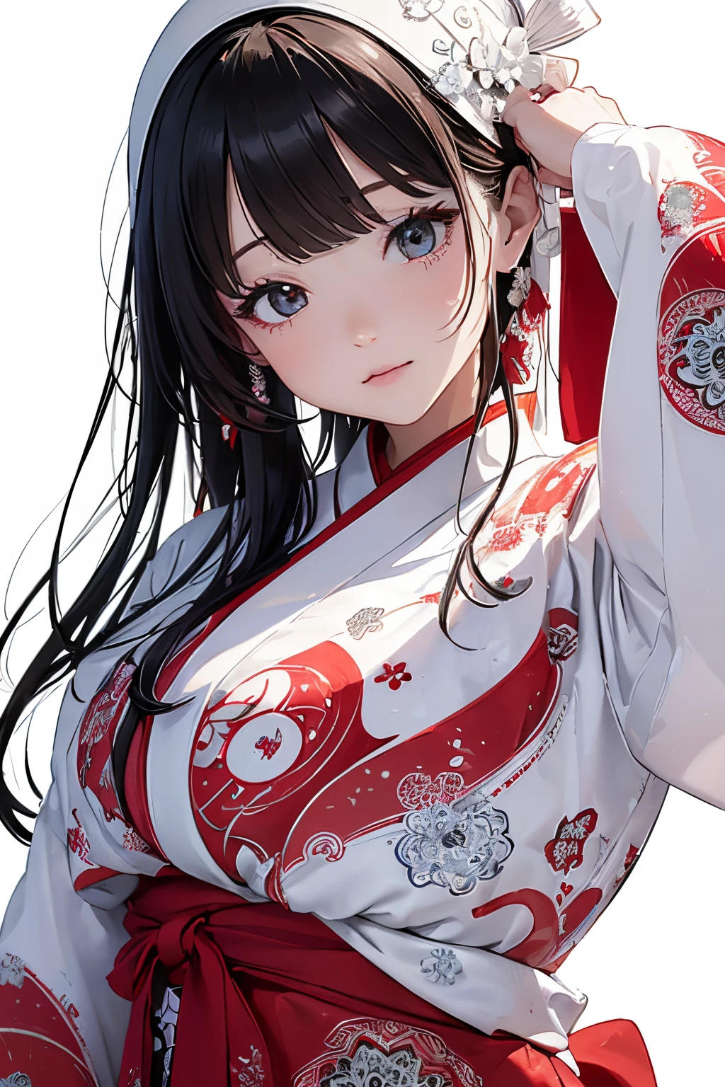 (((white backgrounid、a white world)))、years、unity 8k wall paper、ultra-detailliert、Beautifully Aesthetic、​masterpiece、top-quality、(Zentangle、a Mandala、Tangles、Tangles)、(Fractal Art:1.3)、One girl、Beautiful black hair、japanes、large pink、Red kimono、Japanese dress、ighly detailed、Dynamic angles、Cowboy Shots、The most beautiful forms chaos、elegent、Brutalist design、Vibrant colors、romantism、Atmosphere、ecstasy musical notes、Streaming music notes are visible、(((white backgrounid、Pure white background、Red circle)))