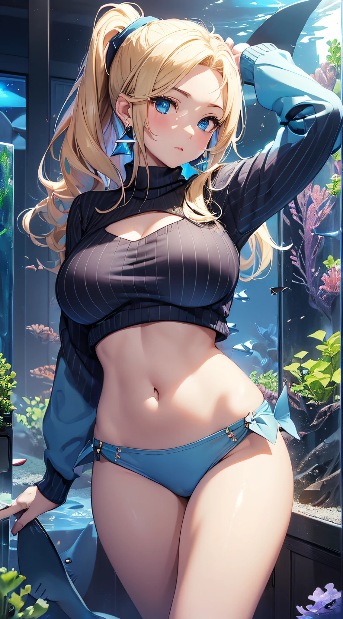 top-quality、Top image quality、masterpiece、girl with((18year old、Best Bust、big bast,Beautiful blue eyes、Breasts wide open, Blonde ponytail、A slender,Large valleys、Black sweater with open chest、White pants、Ruby Earrings、harmonious face、arms in arms))hiquality、Beautiful Art、Background with((theme park、Beautiful aquarium、Blue lighting、shark)))、,masutepiece、visualart、depth of fields、