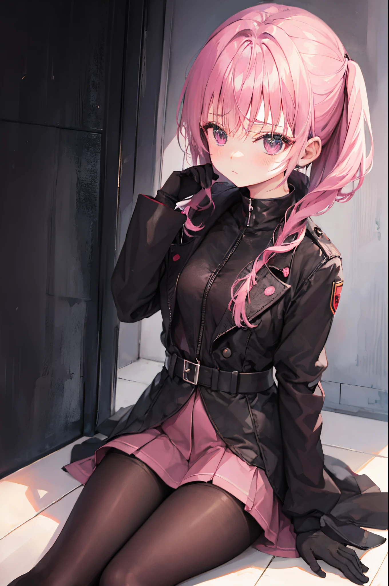mitsukasa ayas,army suit,Manteau,short skirt,black pantyhoses,black military boots,mitts,Place your hands behind your back,A sexy pose