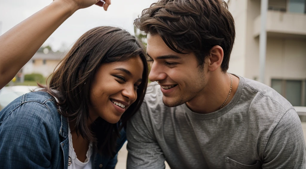 easygoing, friendly, and authentic 25-yearold masculine man smiling as he talks to a black woman.