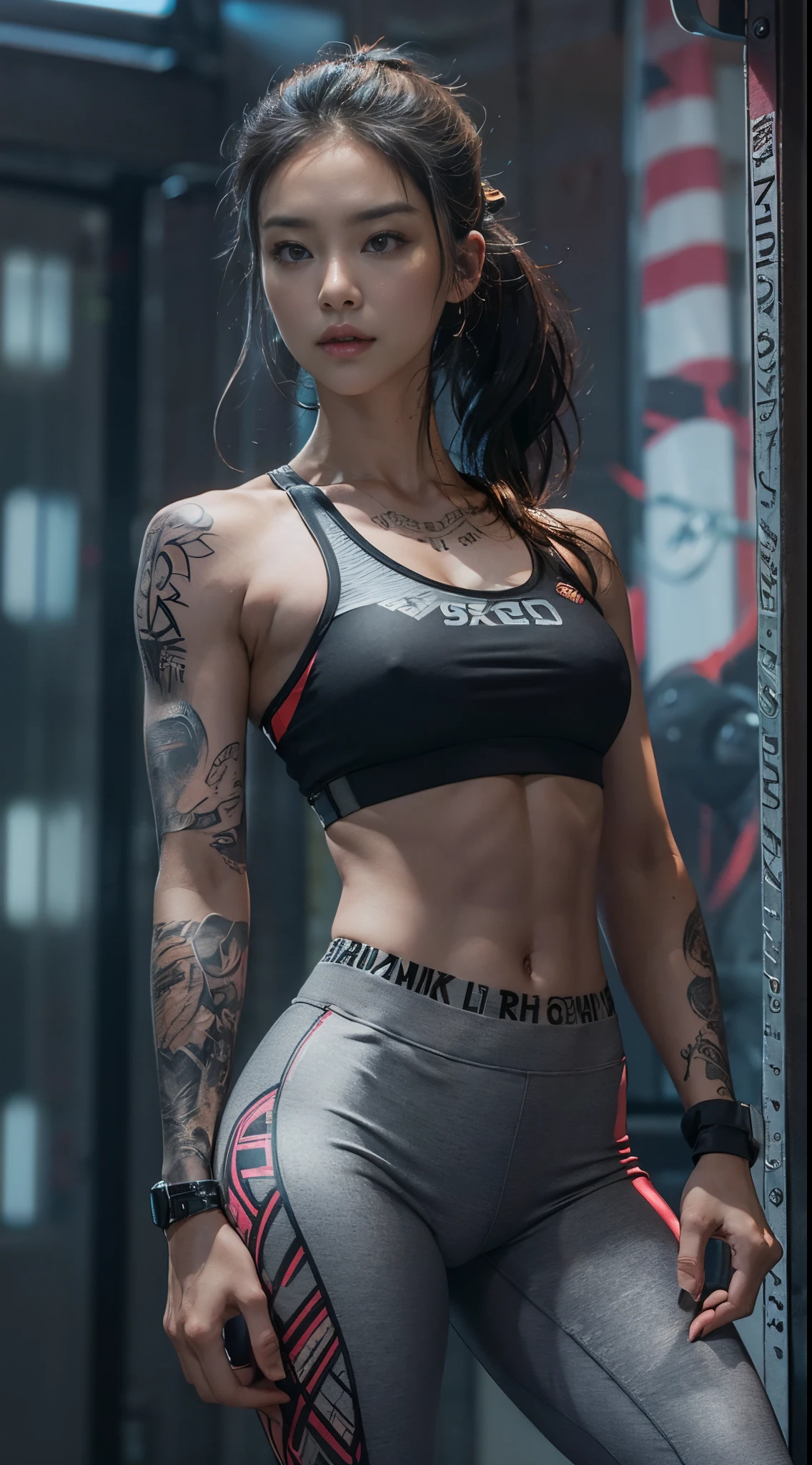 (top-quality)Posing like a bodybuilder at the gym、detailed sportswear girl、Spread your legs、Wearing a sports bra with intricate leggings、Emphasizes slight abdominal muscles、Chest tattoos add a cinematic touch to the scene in black tattoos、Movie lighting completes the overall atmosphere。