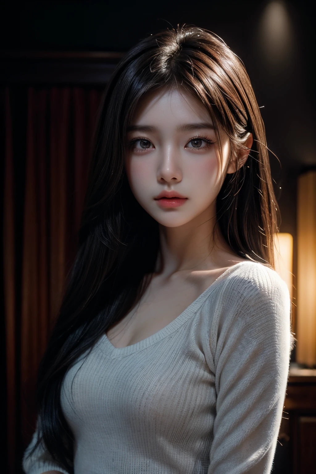 A woman with long black hair and a white sweater - SeaArt AI