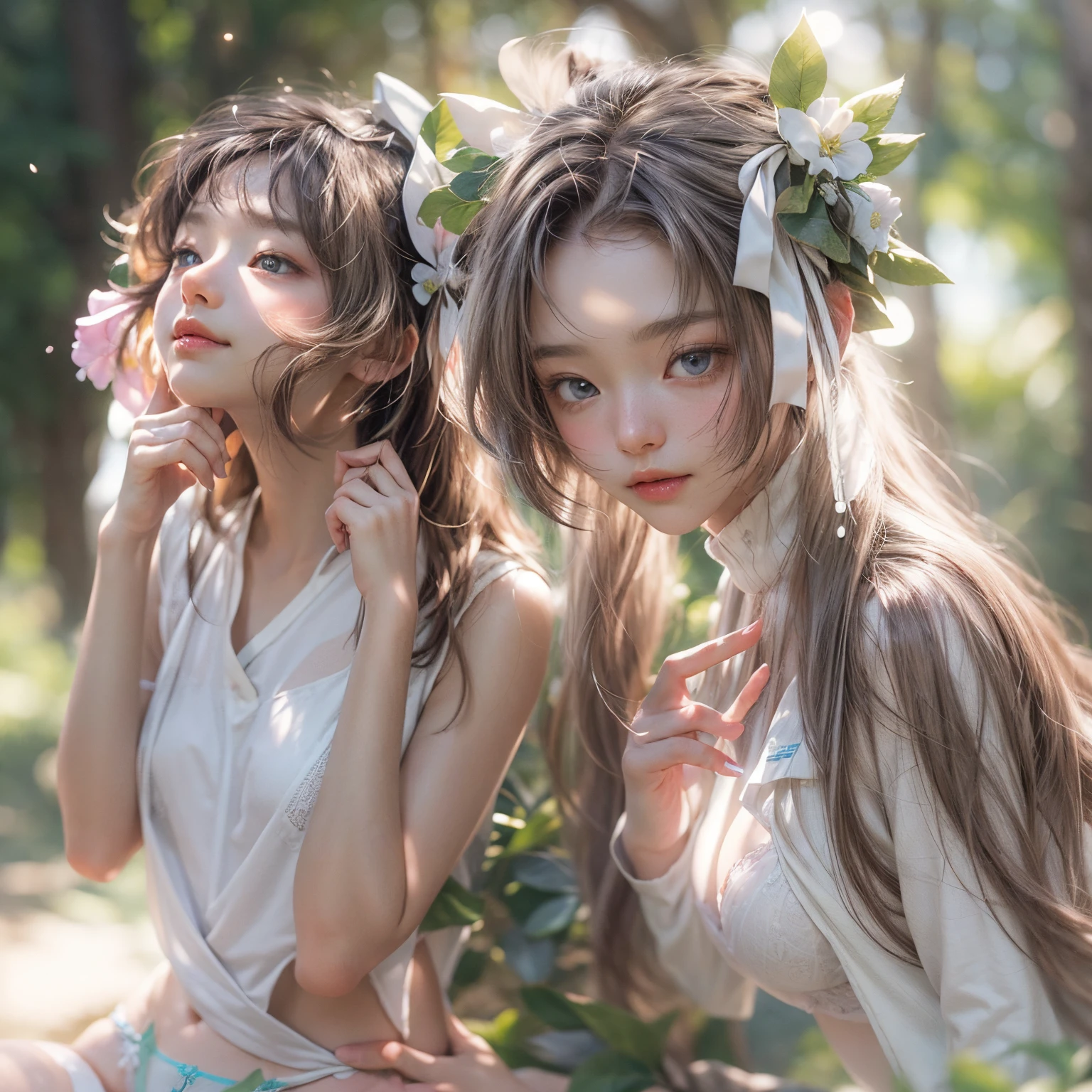 ((SFW、david hamilton:1.37, White and bright colors))、(Tiny Lolitz Twins:1.37)、{(dynamic ungle)|(From Side)|(from the rear)|(From below:1.2)}、{(((Kiss face to face)))|(standing full body:1.2)|Wide Shot}、{(Floating hair:1.2)|(strong breeze)|(ass forcus)}、zydG、8K Best Quality、((masutepiece:1.2、Photorealsitic:1.47)), ( Kodachrome | Realistic | Photorealistic | raw )、((Detailed cute face、Detailed oily porcelain skin texture、Extremely detailed))、(Brilliant Shining Perfect Eyes)、smooth shading、{Zoom Layer|clear focus}、Soft lighting with many follow lights、{childish|gigantic cleavage:1.37}、((White small panties uniform:1.37))、{Flowers|wreath|ssmile|Perplexed|seductiv|Different types of hair colors}、{(light Particle:1.2)|(Lens Flare)|(Luminescent particles:0.6)}、{Forest Lakeside|Lakeside Cottage|Before dawn|Magic Hour|morning glow|Foggy}、((The proportions of the whole body and all limbs are anatomically accurate, No extra limbs)) .