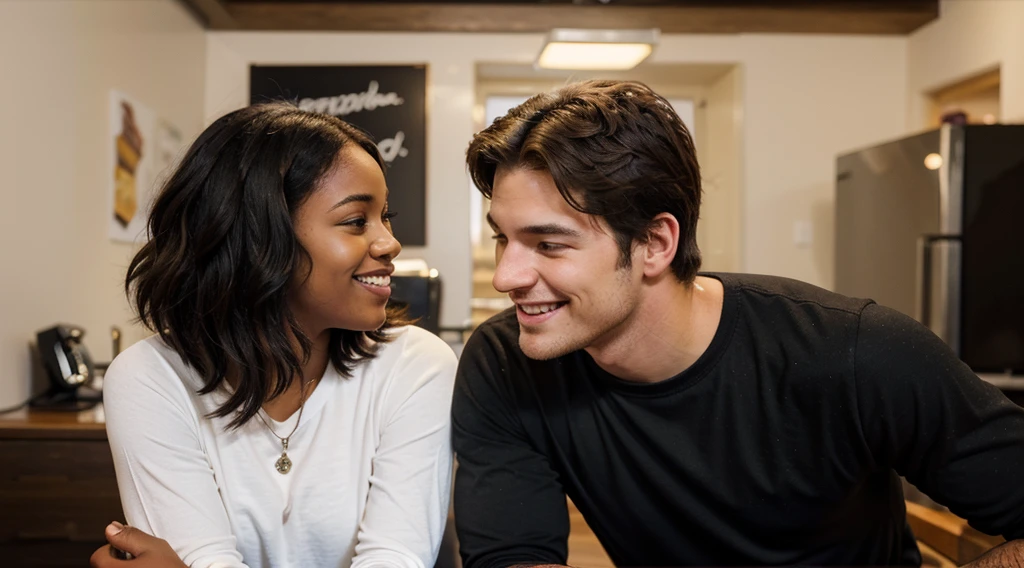 easygoing, friendly, and authentic 25-yearold masculine man smiling as he talks to a black woman and at the same time respecting her boundaries and personal space.