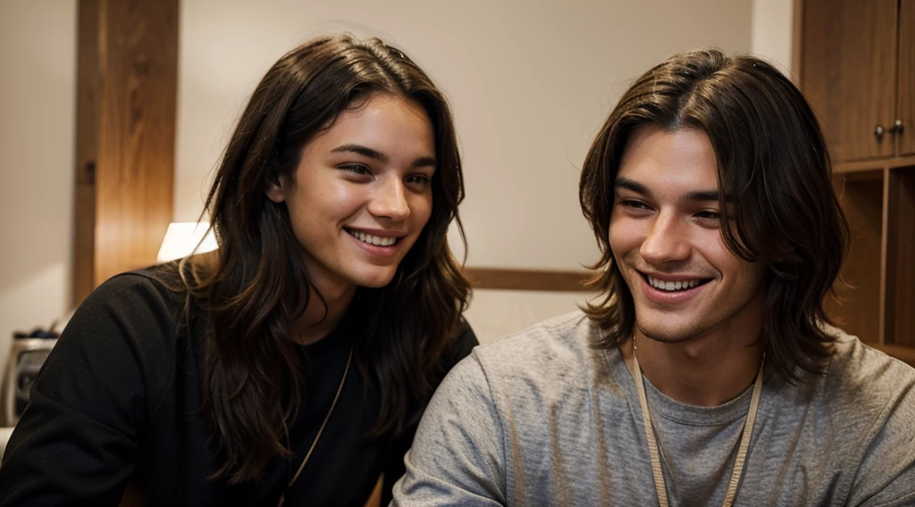 the girl is smiling with her boyfriend. The boyfriend is a beautiful man 25 years old